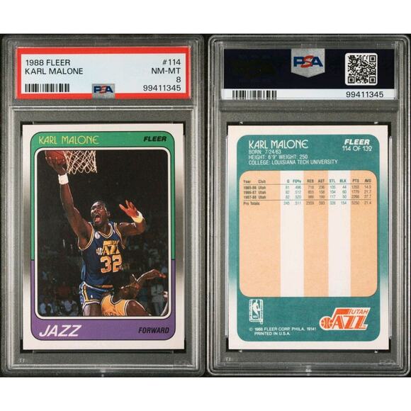 1988 FLEER #114 KARL MALONE PSA 8 NEAR MINT NM UTAH JAZZ NBA BASKETBALL CARD - Picture 1 of 3